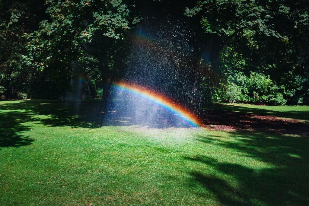 Regn og sol i have, der frembringer lille regnbue