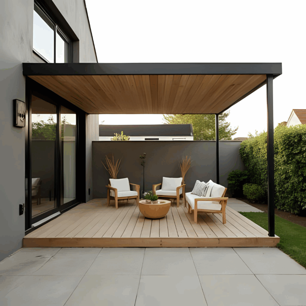 Overdækket terrasse med fladt trætag og sorte metalstolper